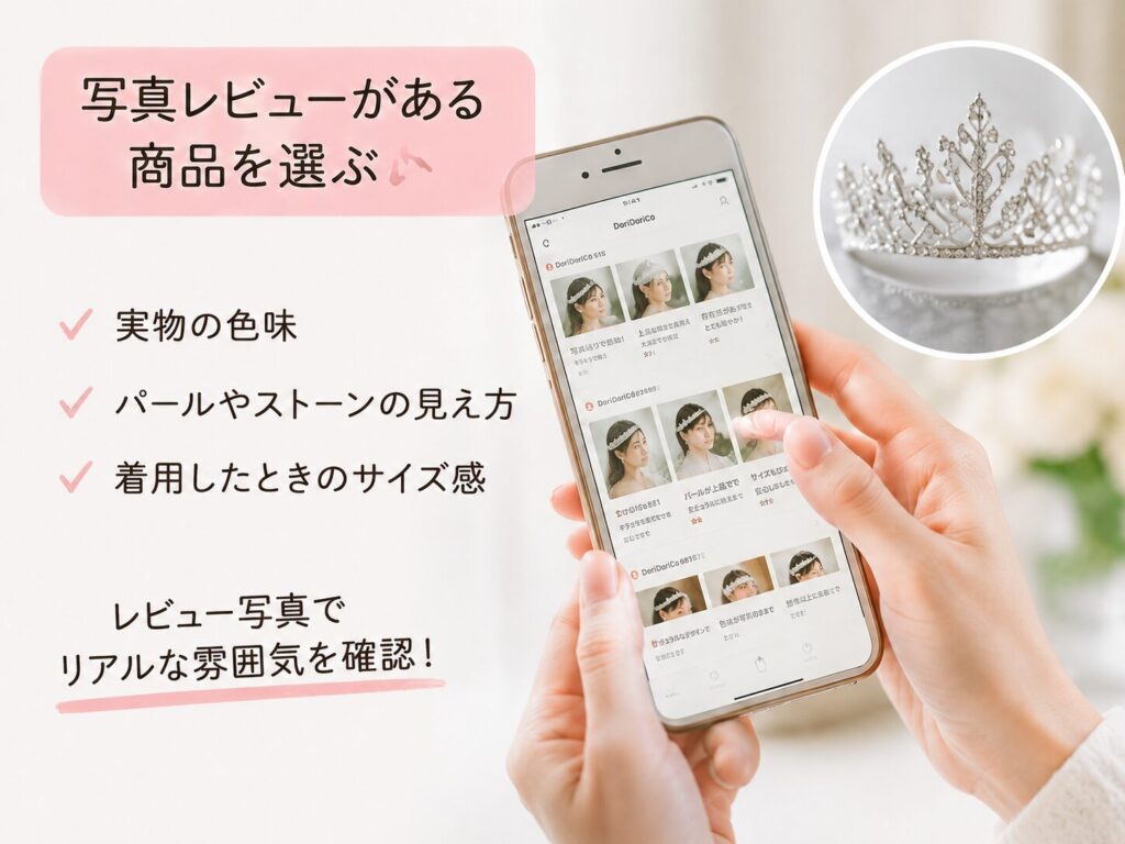 SHEINのティアラを買うときには写真レビューがあるものを選ぶ解説をしている画像