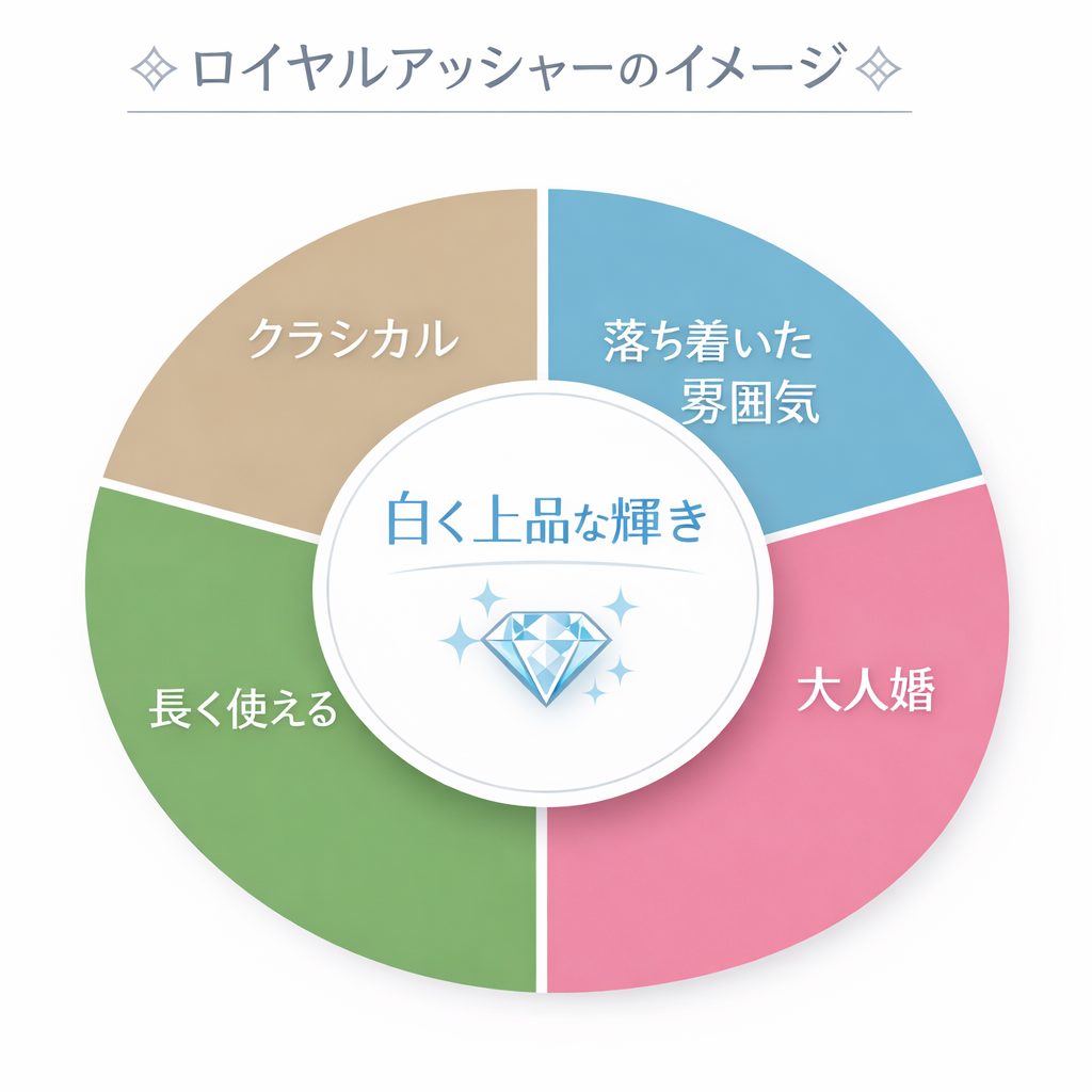 ロイヤルアッシャーのイメージマップ。中央に白く上品な輝き、周りにクラシカル・落ち着いた雰囲気・大人婚・長く使えるのキーワード。