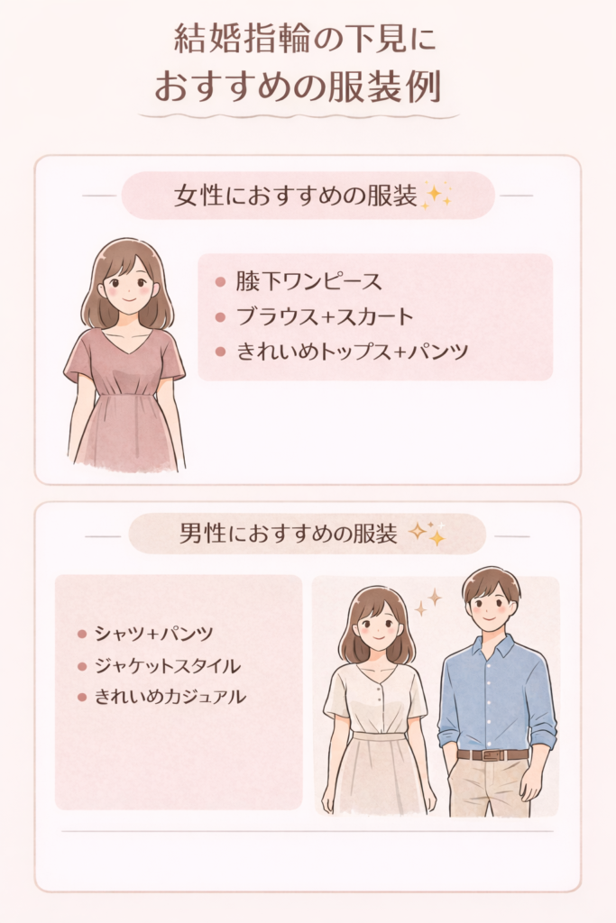 「結婚指輪の下見におすすめの服装例（男女別）」