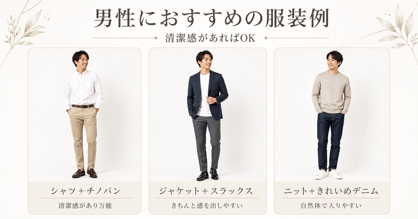 結婚指輪を見に行く男性におすすめの服装例を、シャツ＋チノパン・ジャケット＋スラックス・ニット＋きれいめデニムで紹介した図解画像