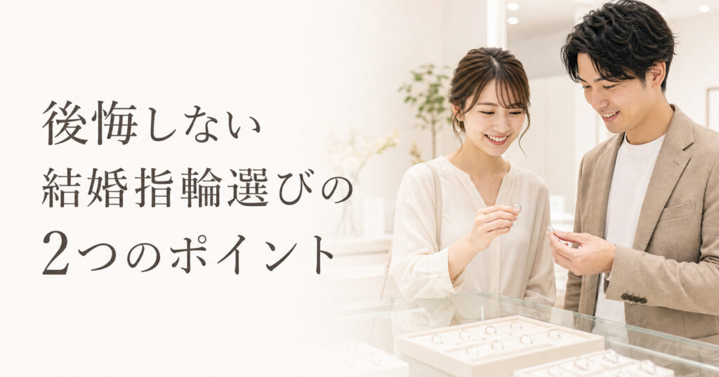 後悔しない結婚指輪選びの2つのポイントを紹介する、ジュエリーショップで指輪を比較するカップルのイメージ画像