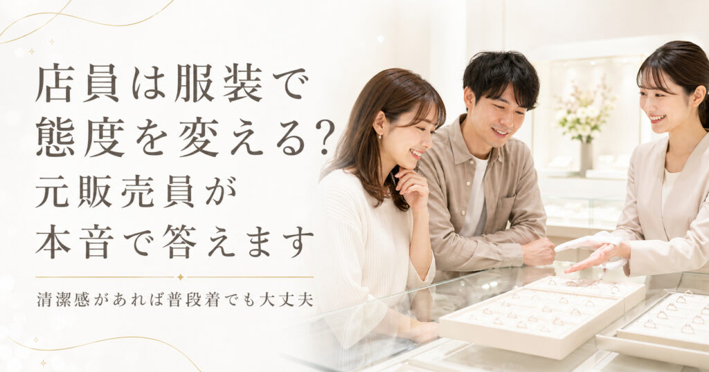 店員は服装で態度を変えるのかを元販売員が解説する、結婚指輪ショップで接客を受けるカップルのイメージ画像