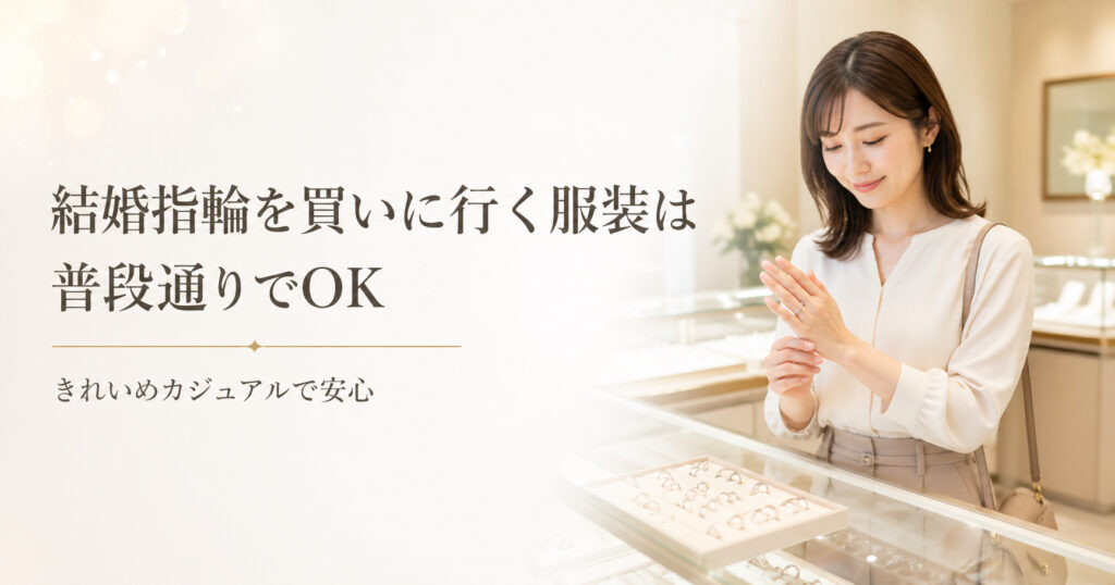 結婚指輪を買いに行く服装は普段通りでOKと伝える、きれいめカジュアルな女性の試着イメージ