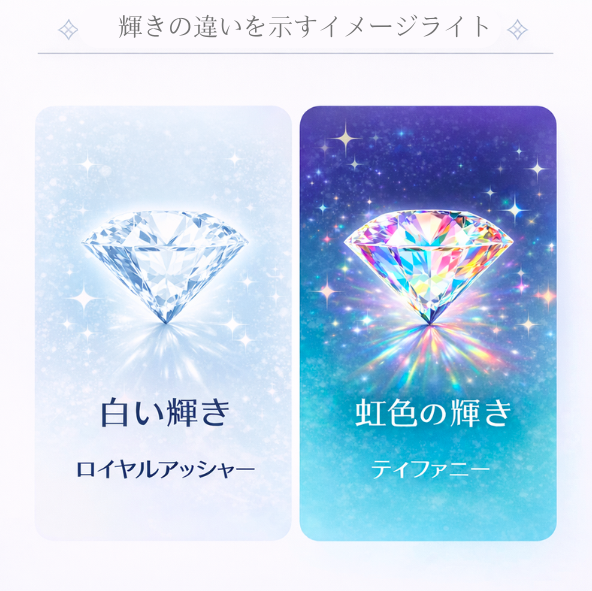 輝きの違いを示すイメージライトチャート」 白い輝き（アッシャー） vs 虹色の輝き（ティファニー）