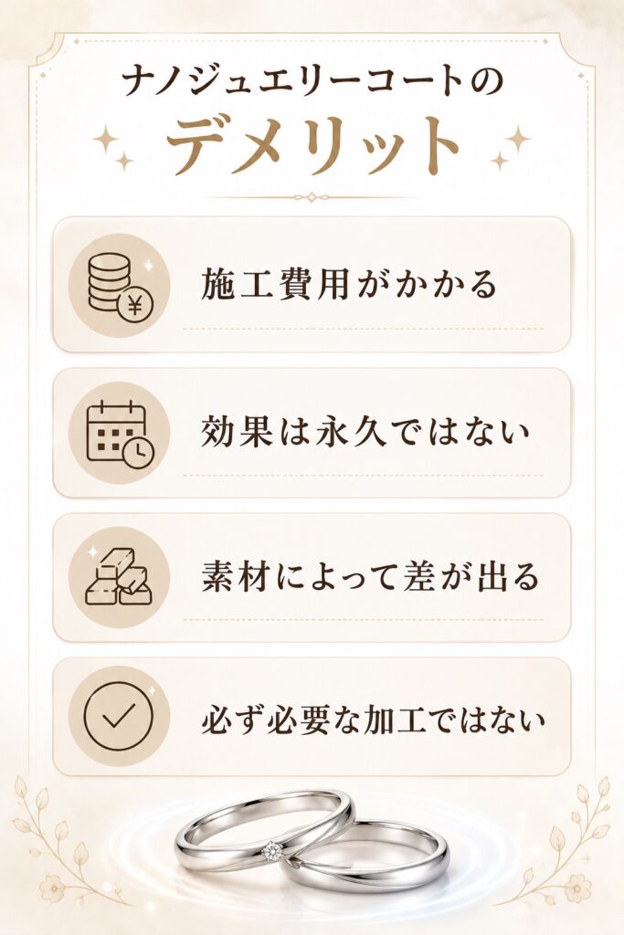 ナノジュエリーコートのデメリットを解説した図解。施工費用や効果の持続期間、素材による差、必要性について紹介。