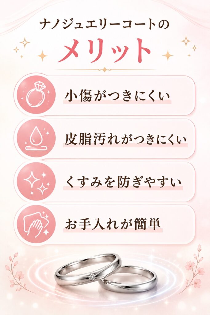 ナノジュエリーコートのメリットを解説した図解。小傷や皮脂汚れ、くすみを防ぎやすく、お手入れが簡単なことを紹介。