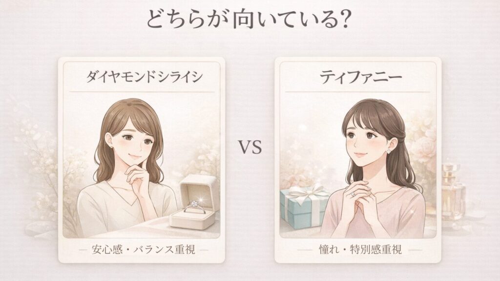 ダイヤモンドシライシとティファニーのどちらが向いているかを比較した挿入画像