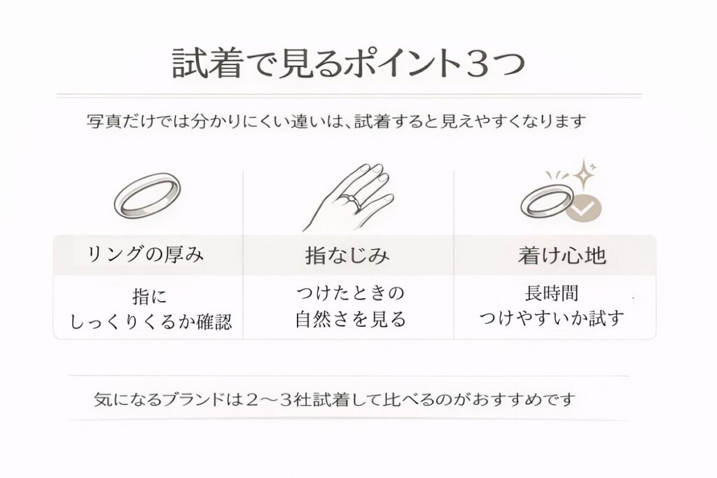 結婚指輪の試着で見るポイント3つをまとめた図解