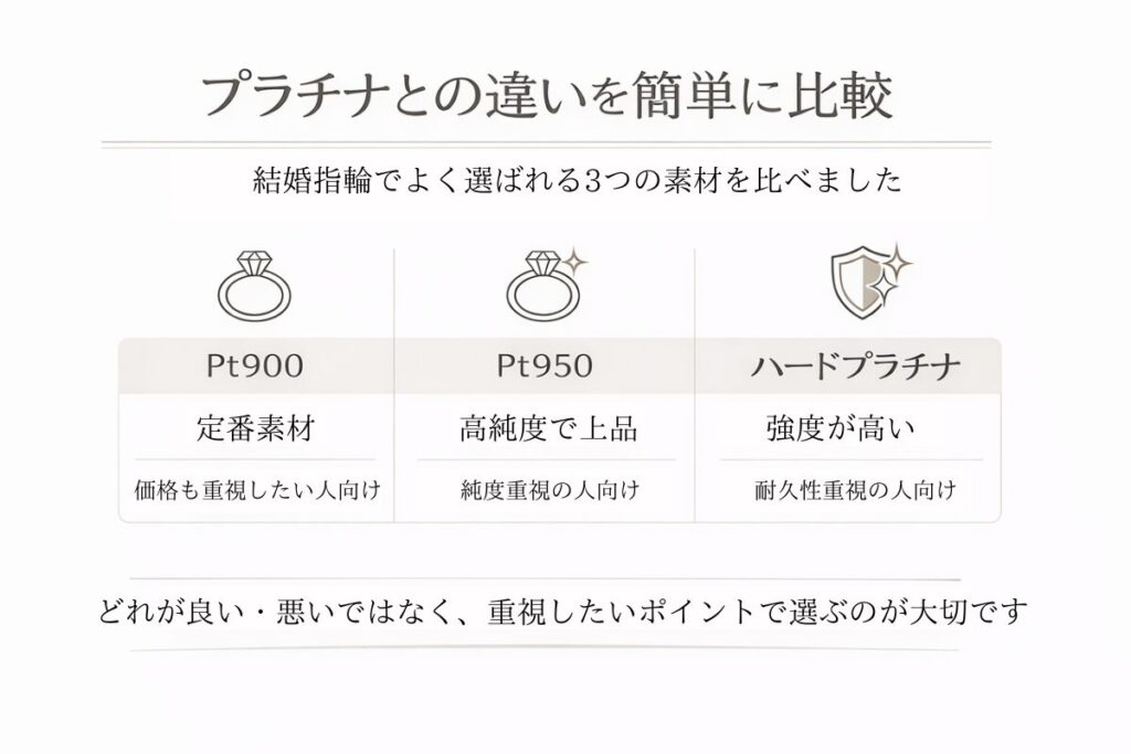 Pt900・Pt950・ハードプラチナの違いを比較した図解