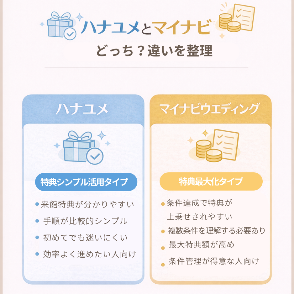 ハナユメとマイナビウエディングの違いを比較した図解
