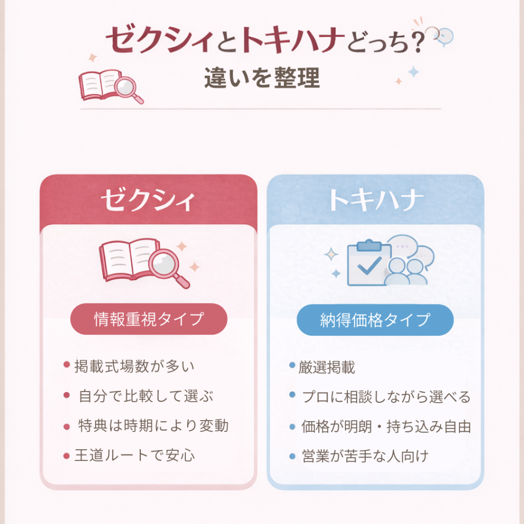 ゼクシィとトキハナの違いを比較した図解（掲載数・特典・価格の違い）
