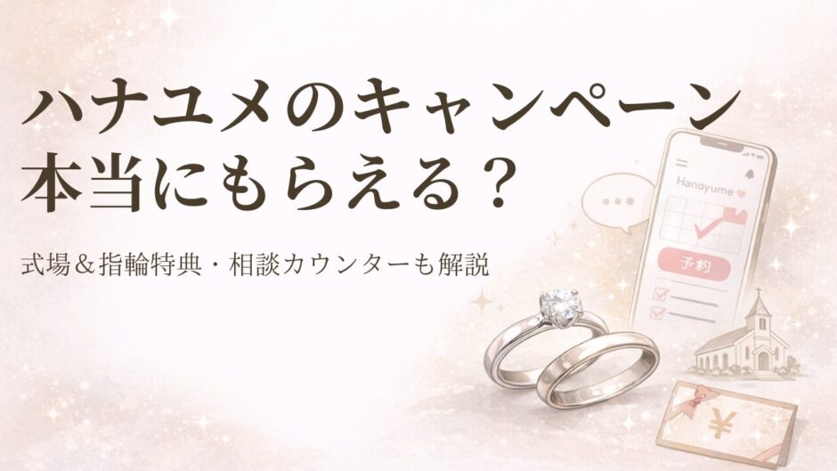 ハナユメの指輪キャンペーンと式場キャンペーン、相談カウンターをイメージしたアイキャッチ画像
