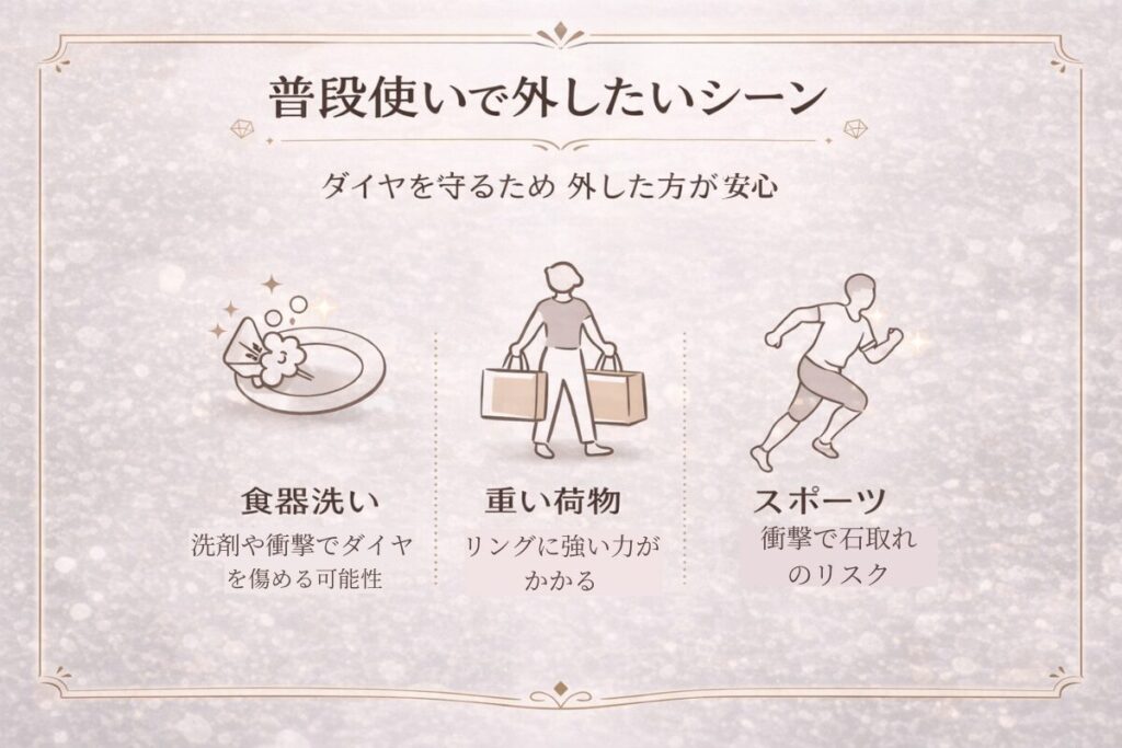 エタニティリングを外した方がいいシーン 食器洗い 重い荷物 スポーツ