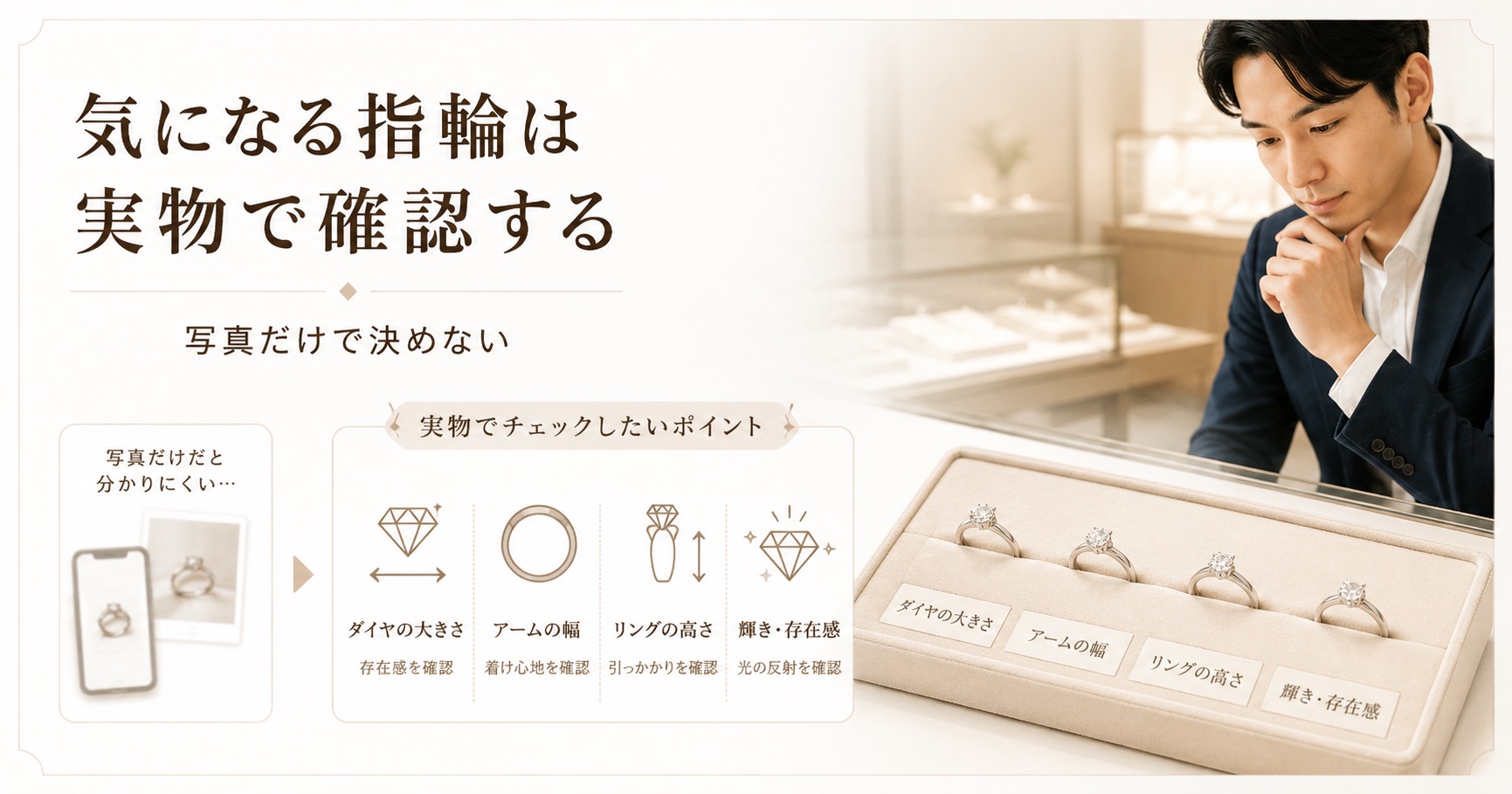 婚約指輪を写真だけで決めず実物で確認するイメージ画像。ダイヤの大きさ、アームの幅、リングの高さを確認