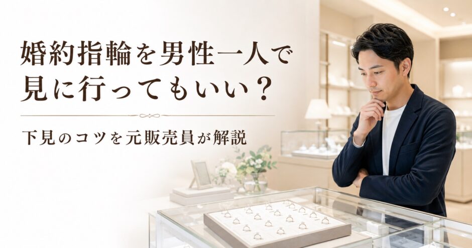 婚約指輪を男性一人で見に行くイメージ画像。ジュエリーショップで婚約指輪を下見する男性の様子