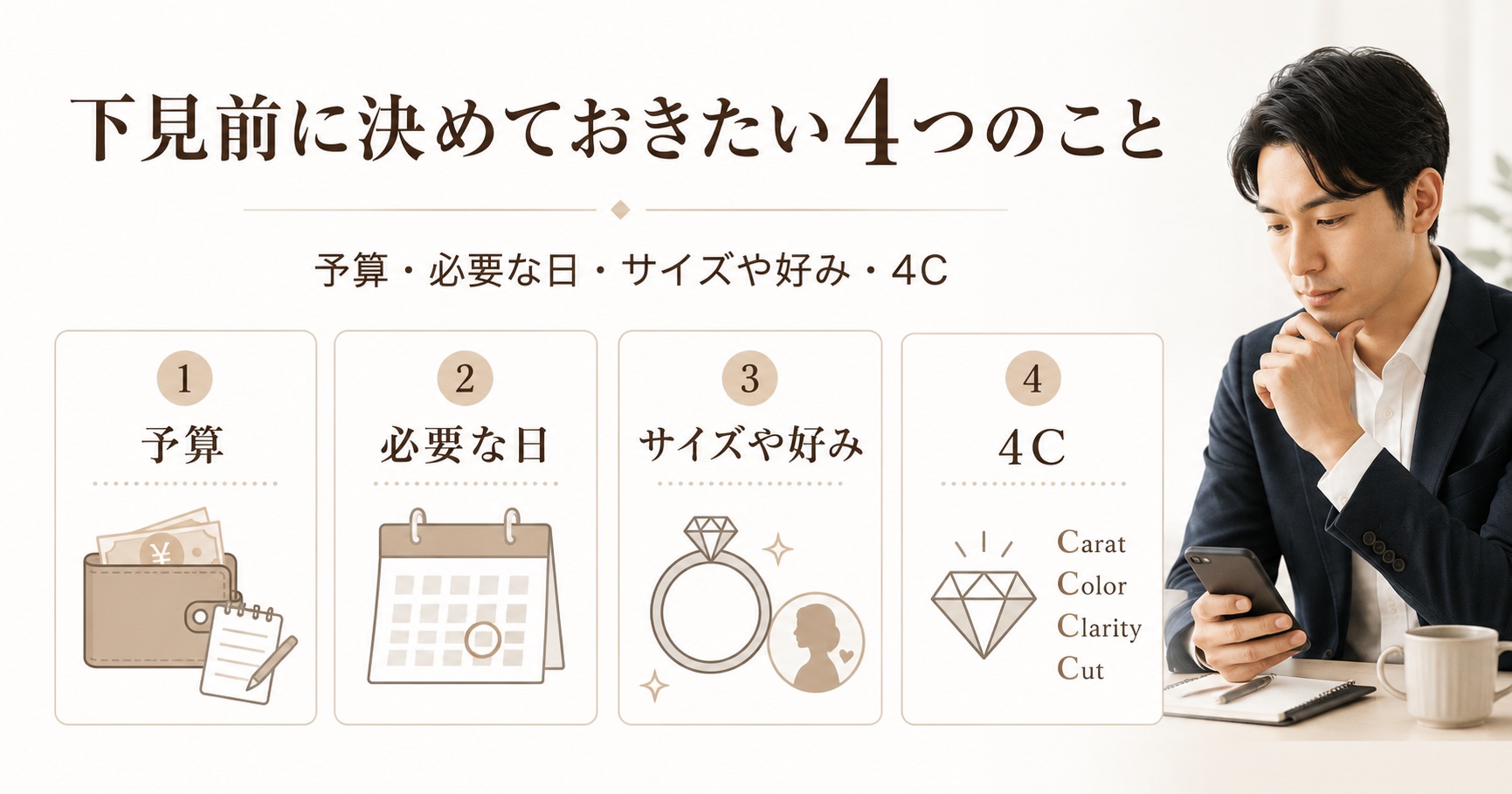 婚約指輪の下見前に決めておきたい4つのことをまとめた画像。予算、必要な日、サイズや好み、4Cを紹介