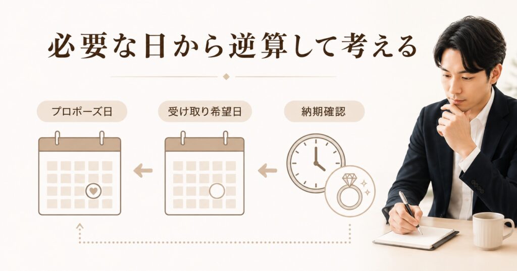 婚約指輪の必要な日から逆算して考えるイメージ画像。プロポーズ日、受け取り希望日、納期確認の流れを紹介