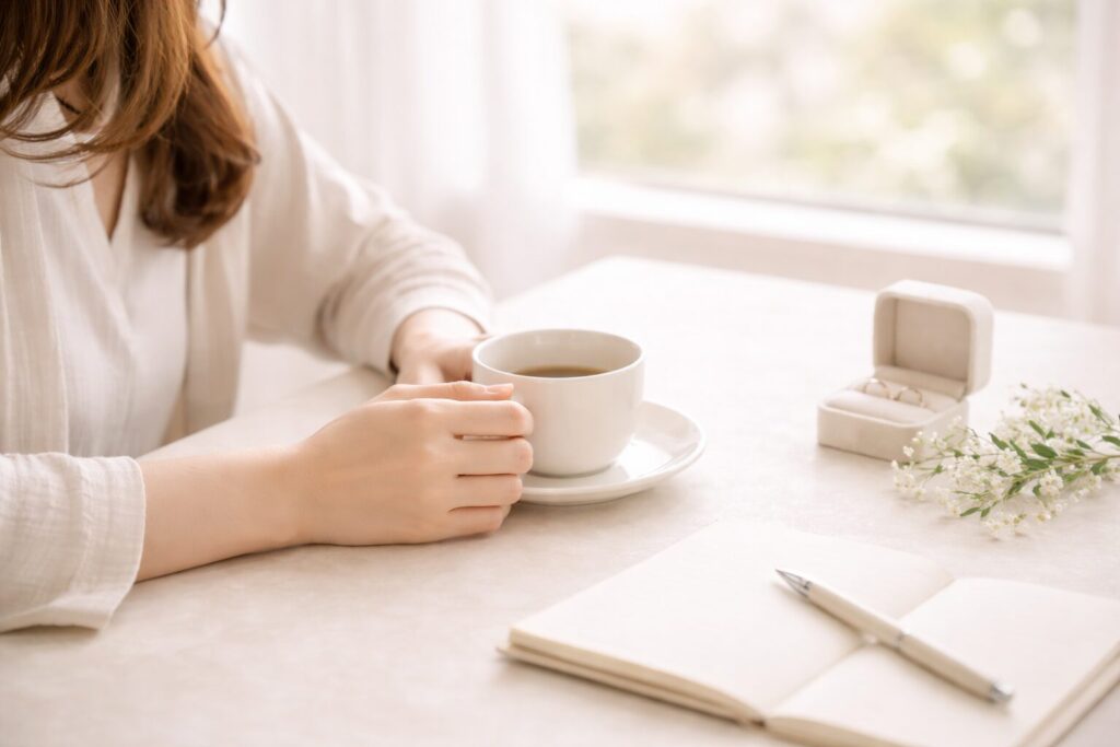 結婚指輪選びのあとに安心した気持ちをイメージした女性の手元写真