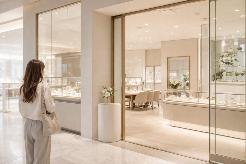 結婚指輪を一人で見に行きにくいと感じる女性向けのジュエリーショップ入口画像