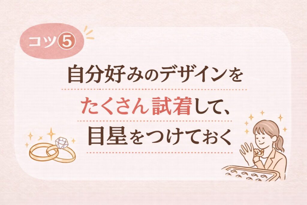 結婚指輪を一人で見に行くときのコツ5として、自分好みのデザインをたくさん試着して目星をつけることを表した画像