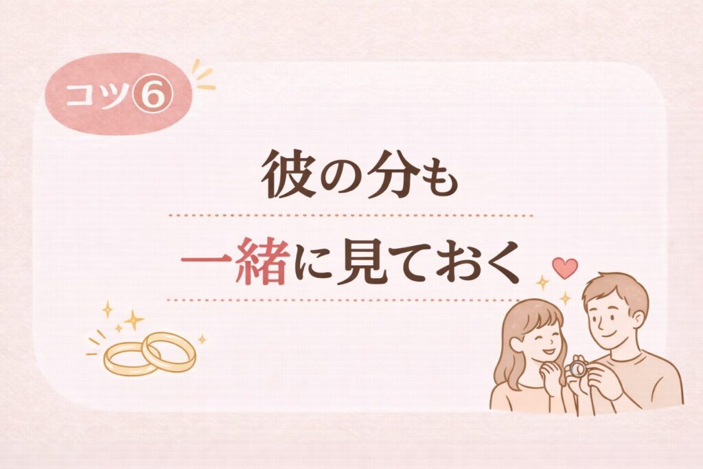 結婚指輪を一人で見に行くときのコツ6として、彼の分も一緒に見ておくことを表した画像