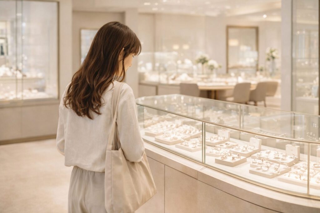 女性一人で結婚指輪を見に来たジュエリーショップ店内の写真