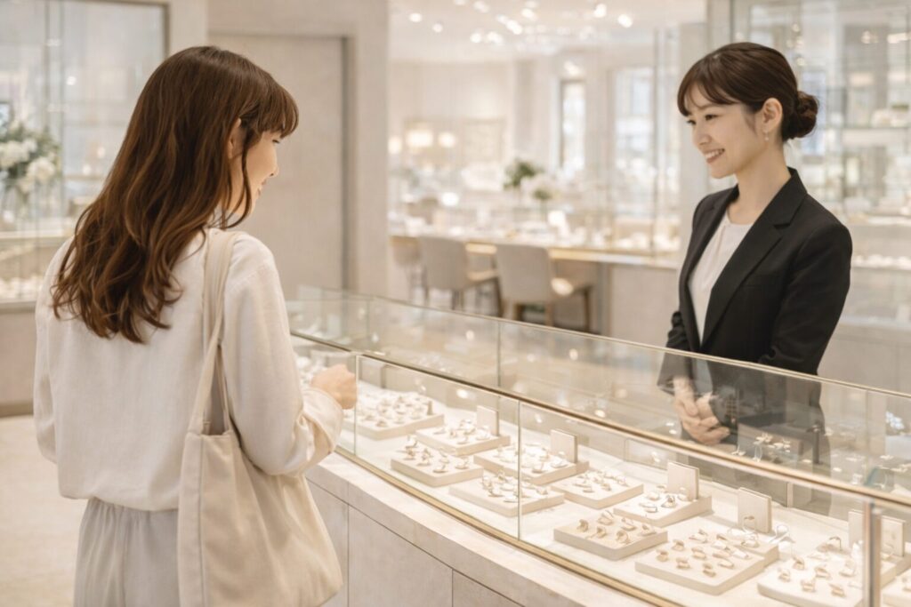 結婚指輪を一人で見に来た女性がジュエリーショップで店員に相談している様子