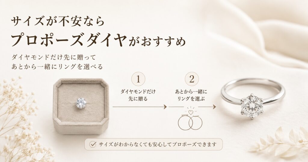 サイズが不安なときにプロポーズダイヤがおすすめであることを紹介する画像。ダイヤモンドだけ先に贈り、あとから一緒に婚約指輪を選べる流れを表現