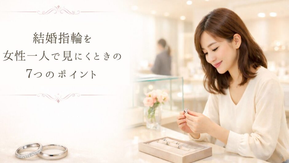 結婚指輪を一人で下見する女性と明るいジュエリーショップのイメージ