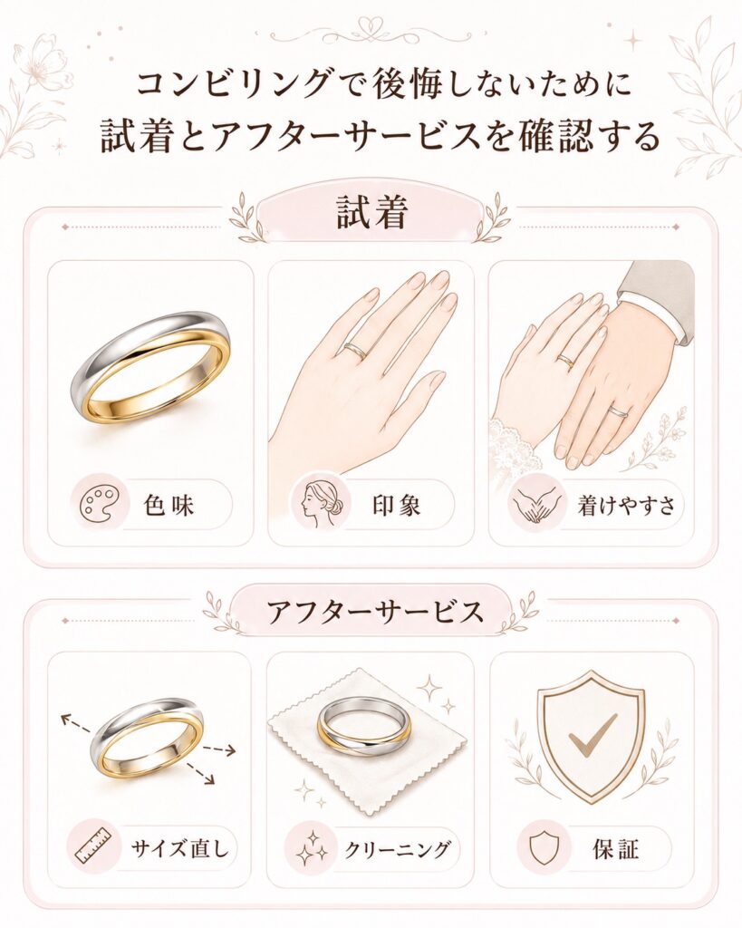 コンビリングで後悔しないために試着とアフターサービスの確認ポイントをまとめた図解