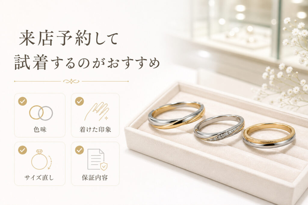 コンビの結婚指輪を来店予約して試着するメリットを紹介する画像