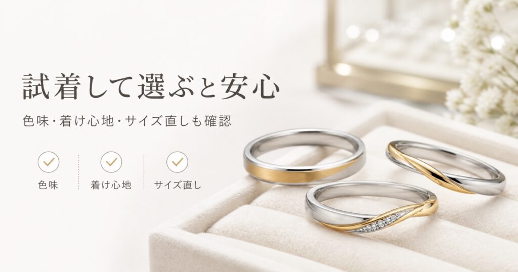 コンビの結婚指輪は試着して選ぶと安心と伝えるまとめ画像