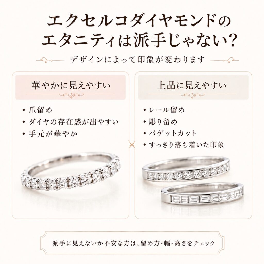 エクセルコダイヤモンドのエタニティリングの華やかさと上品さの違いを比較した図解画像