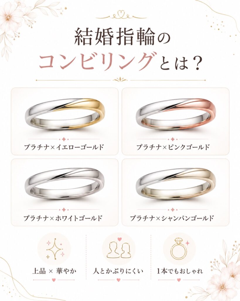 結婚指輪のコンビリングとは何かを素材の組み合わせ別に紹介した図解