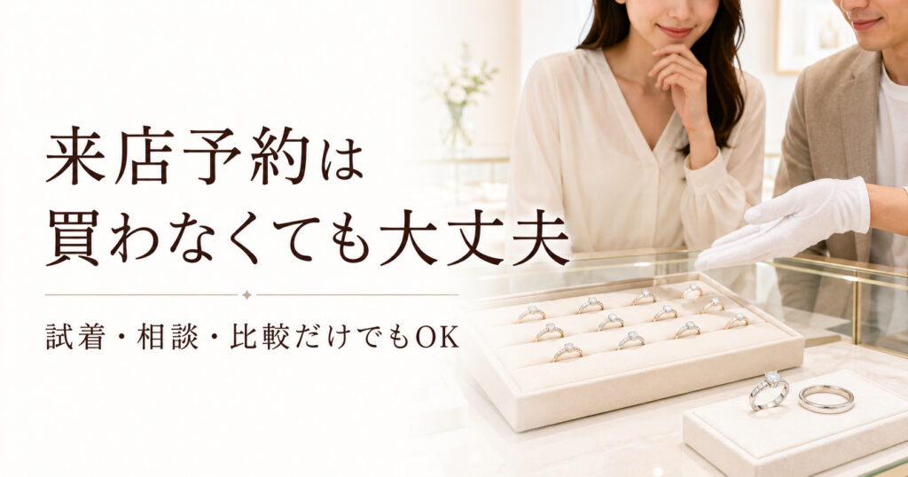 来店予約は買わなくても大丈夫と伝える画像。婚約指輪や結婚指輪の試着・相談・比較ができるジュエリーショップのイメージ