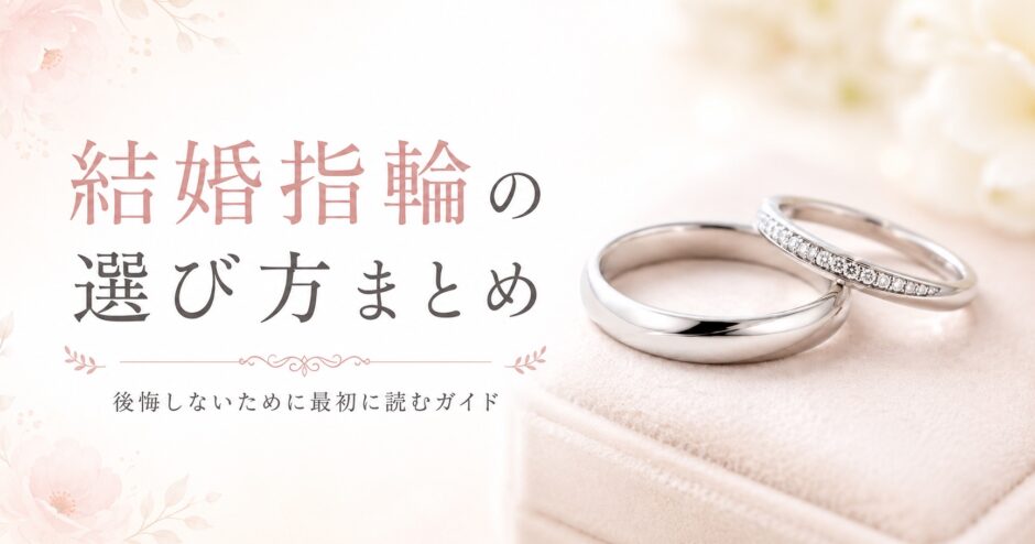 結婚指輪の選び方まとめを紹介するアイキャッチ画像。プラチナの結婚指輪とダイヤ付きリングが並んでいる